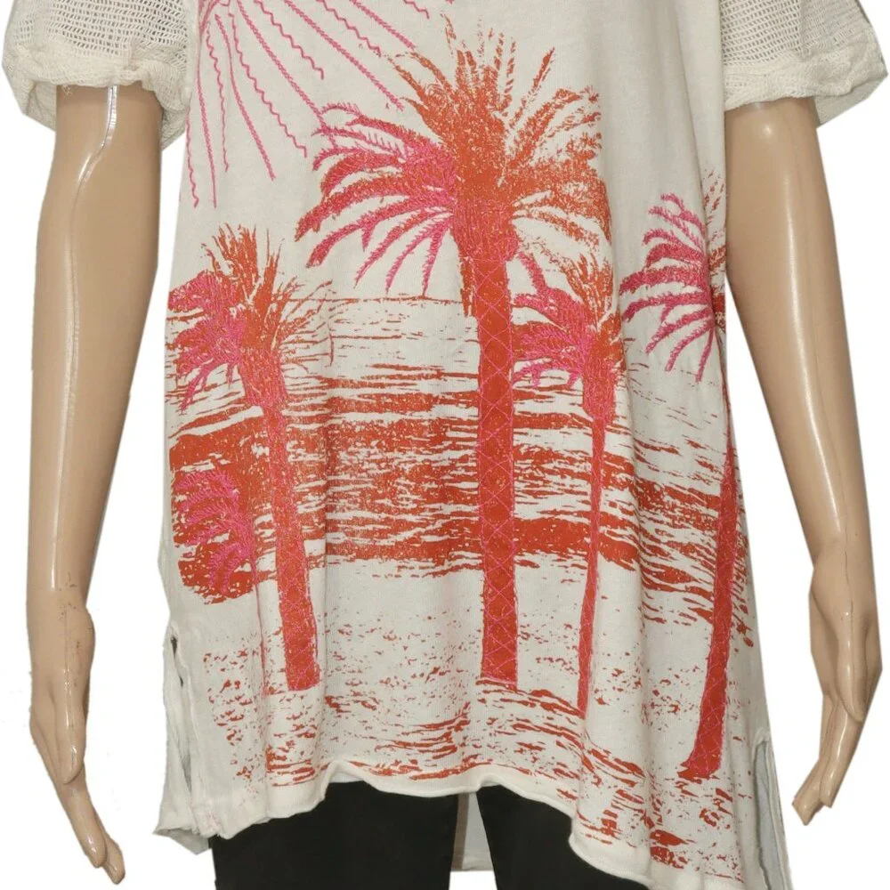 Free People We The Free Rising Sun Tee Top Mesh Printed Embroidered S